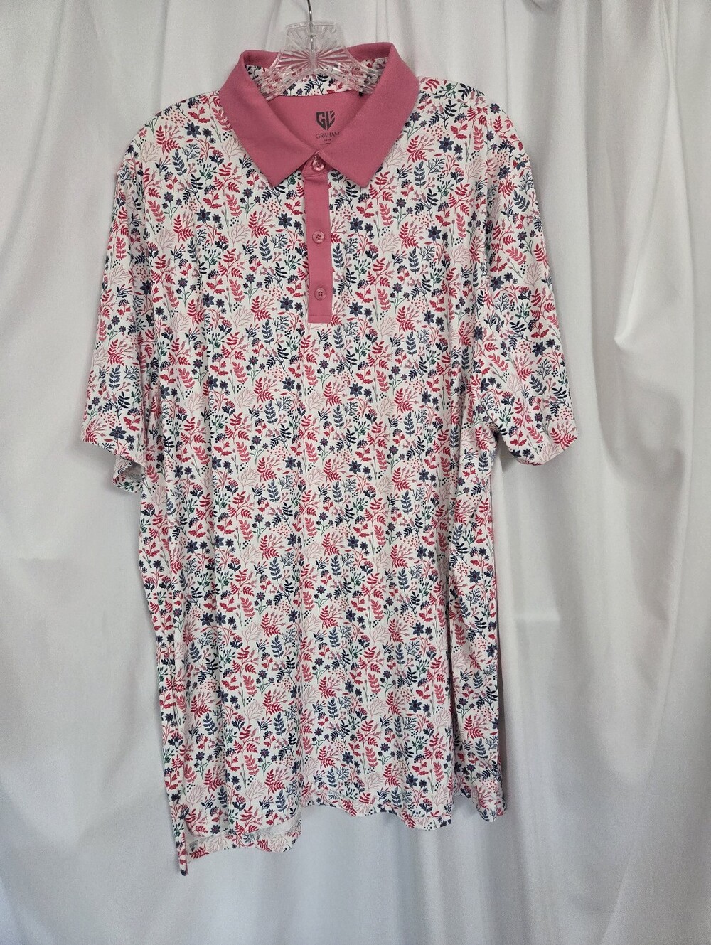 Graham Luxe Winter Flower Floral Print Pink-Collar Polo Shirt Size XL